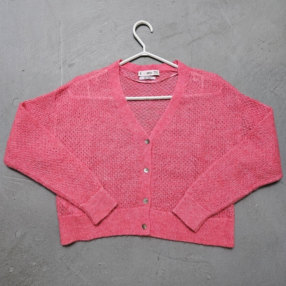 Mango Sz XS Boxy Wool Laine Blend Oversized Pink Open Cropped Cardigan  Sweater - Picture 9 of 12